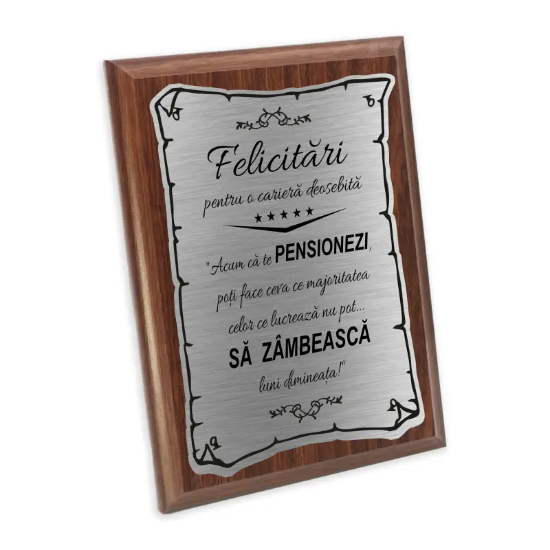 Felicitari pentru o cariera deosebita, placheta lemn personalizata prin gravura